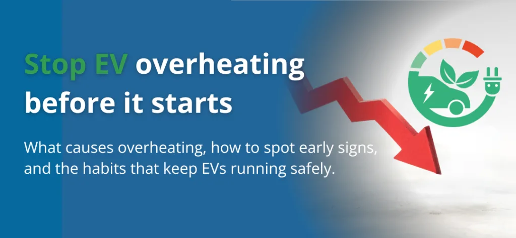 An electric vehicle charging, with a small heat symbol showing the battery getting hot.