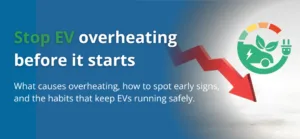 An electric vehicle charging, with a small heat symbol showing the battery getting hot.