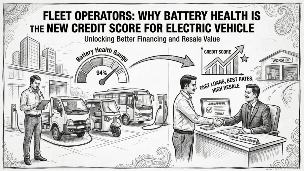 Infographic comparing electric vehicle battery health score with traditional financial credit score evaluation