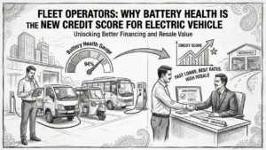 Infographic comparing electric vehicle battery health score with traditional financial credit score evaluation