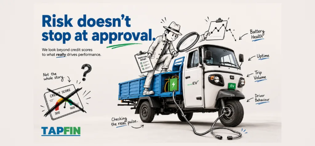 Illustration of an inspector checking a commercial EV three-wheeler's battery health, uptime, trip volume, and driver behaviour beyond its credit score