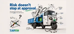 Illustration of an inspector checking a commercial EV three-wheeler's battery health, uptime, trip volume, and driver behaviour beyond its credit score